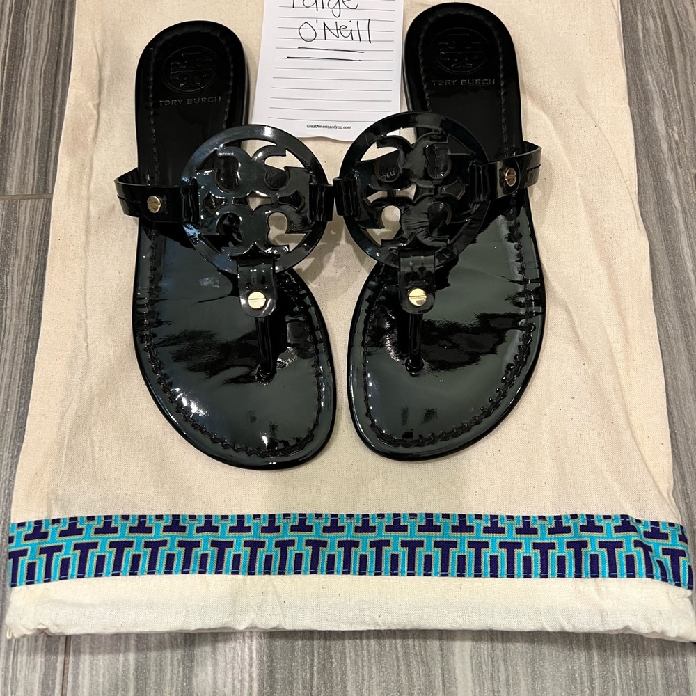 Tory Burch Miller sandals in black patent leather. Size 7.5.